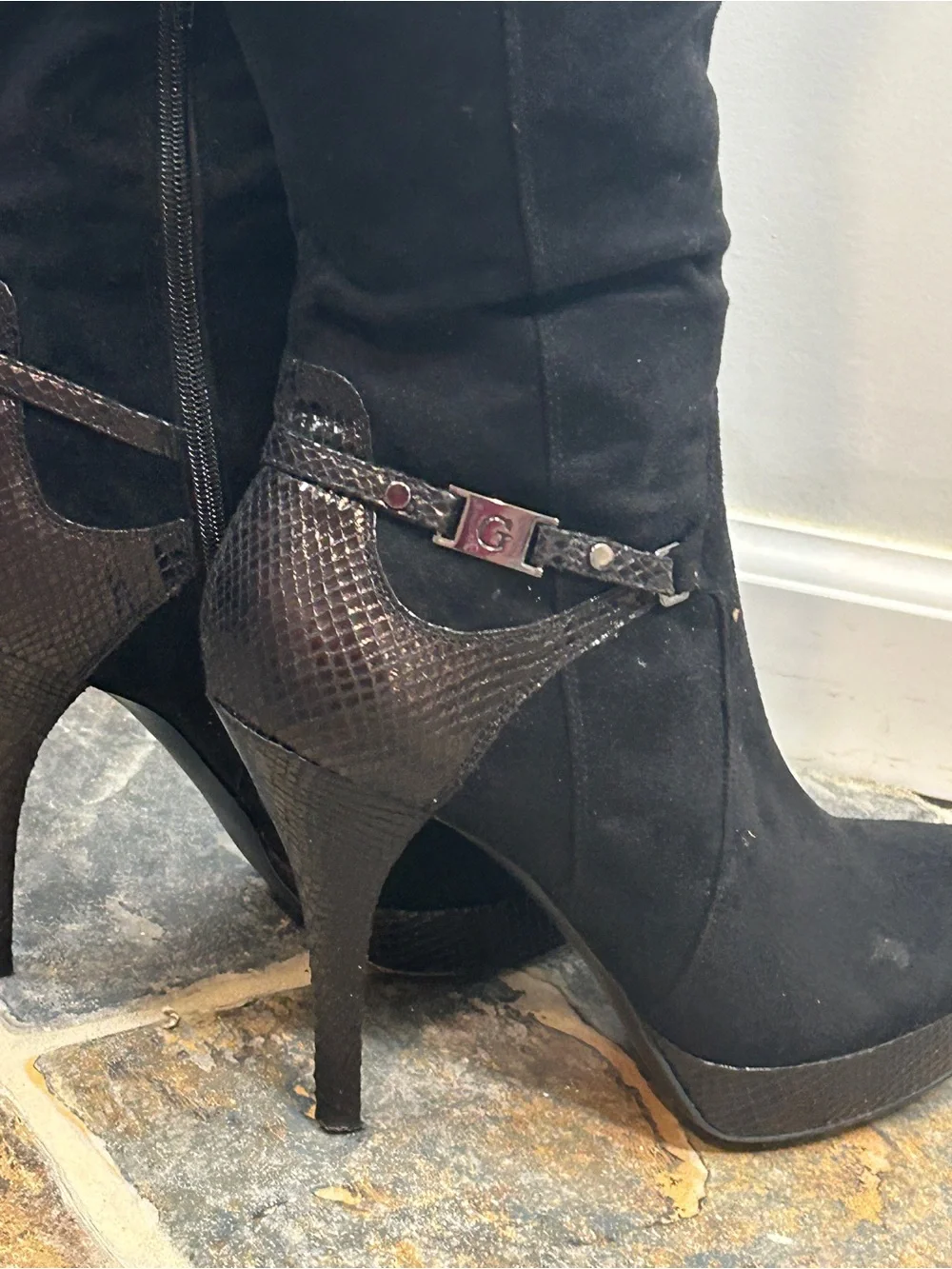 Guess Black Suede Over-the-Knee Platform Stiletto Boots with Textured Heel